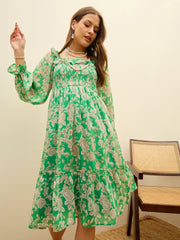 Women Green Floral Square Neck Midi Dress-SFDRSS13189