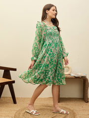 Women Green Floral Square Neck Midi Dress-SFDRSS13189