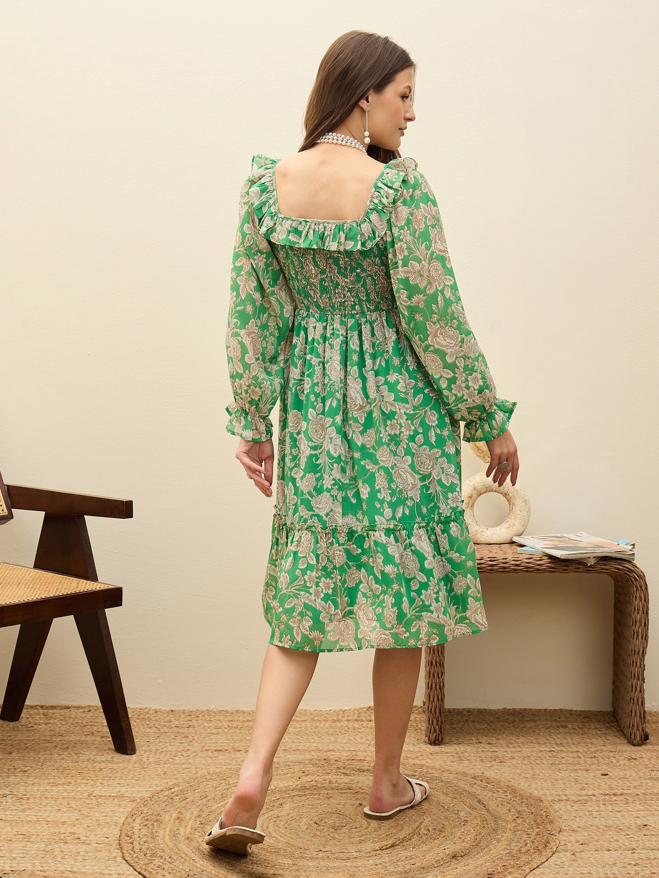 Women Green Floral Square Neck Midi Dress-SFDRSS13189