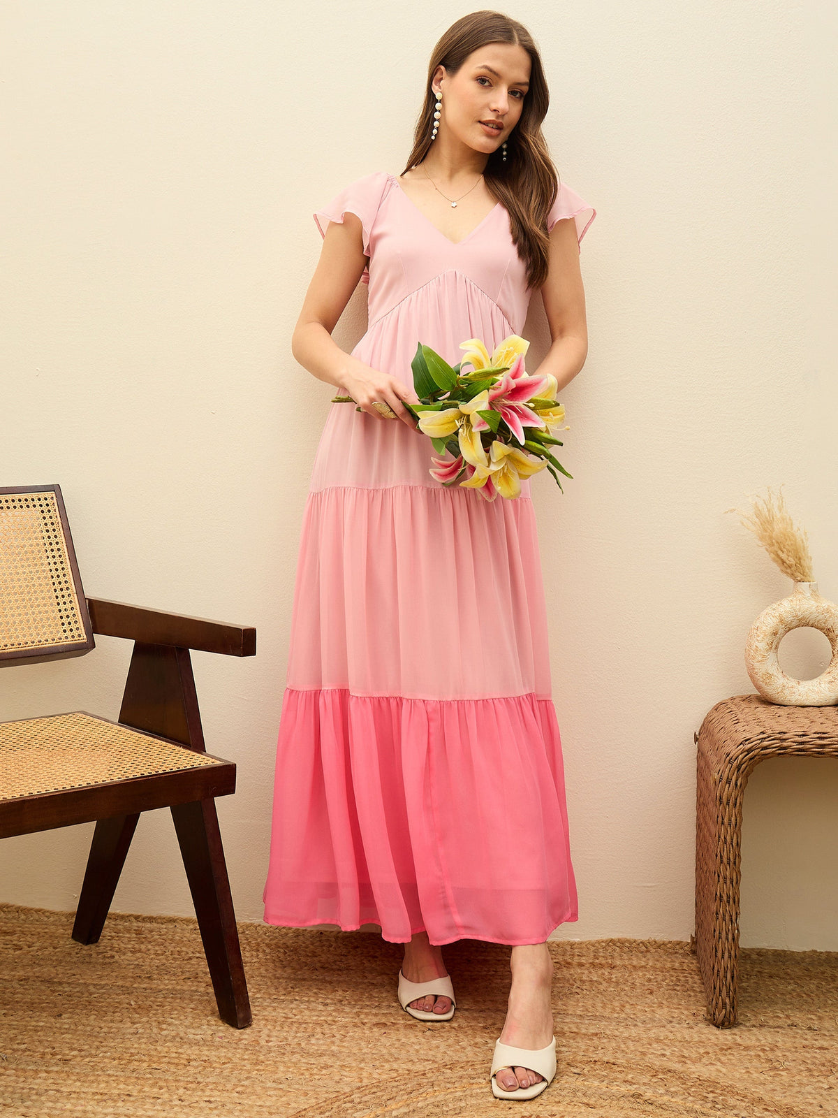 Women Pink Color Blocked Frill Sleeves Tiered Maxi Dress-SFDRSS13192