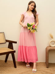 Women Pink Color Blocked Frill Sleeves Tiered Maxi Dress-SFDRSS13192