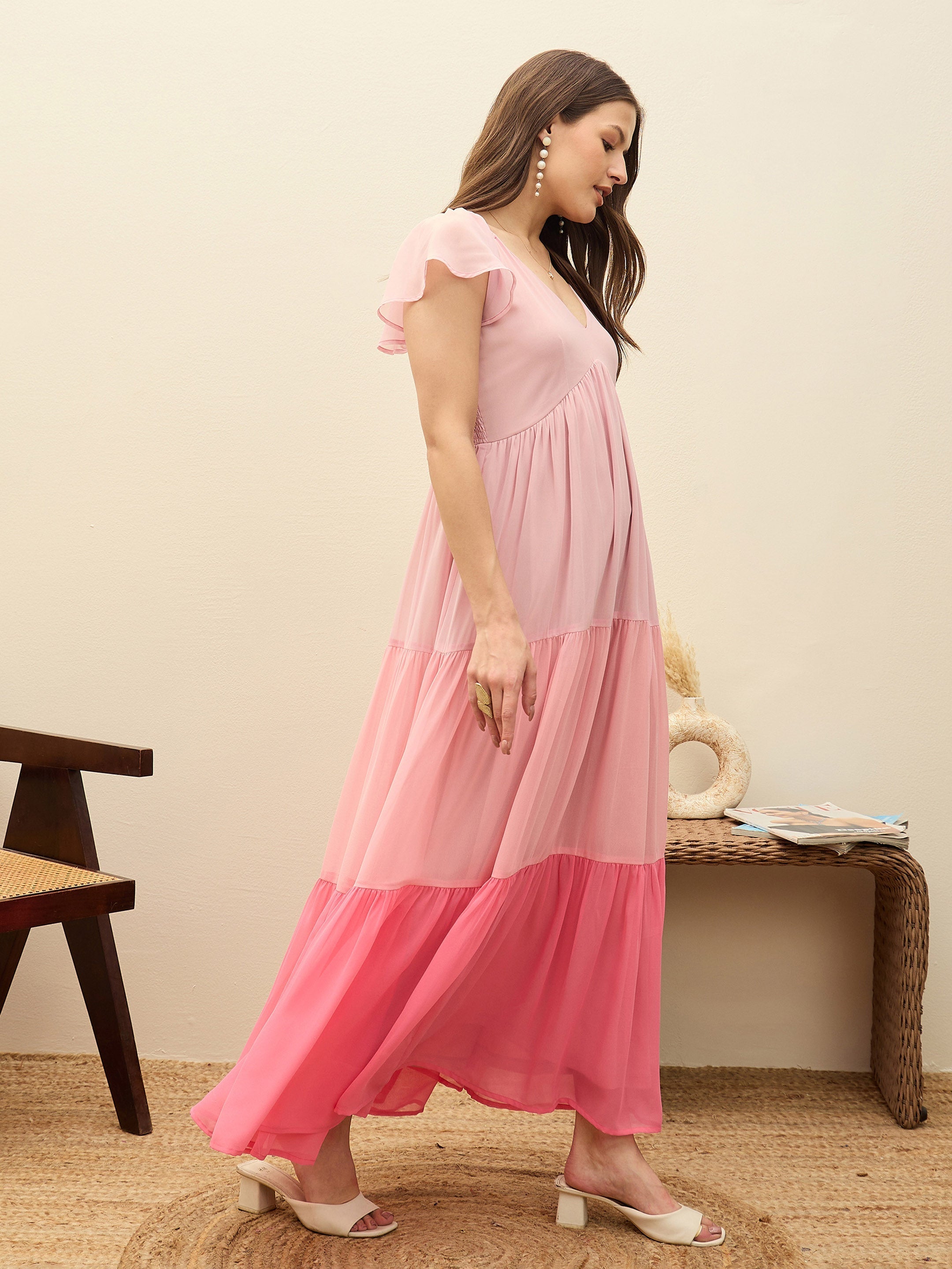 Women Pink Color Blocked Frill Sleeves Tiered Maxi Dress-SFDRSS13192