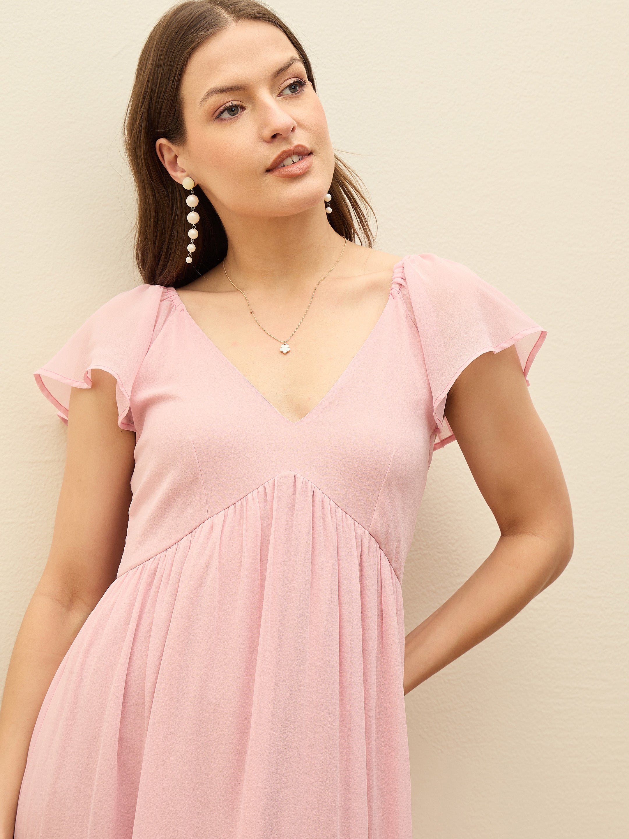 Women Pink Color Blocked Frill Sleeves Tiered Maxi Dress-SFDRSS13192