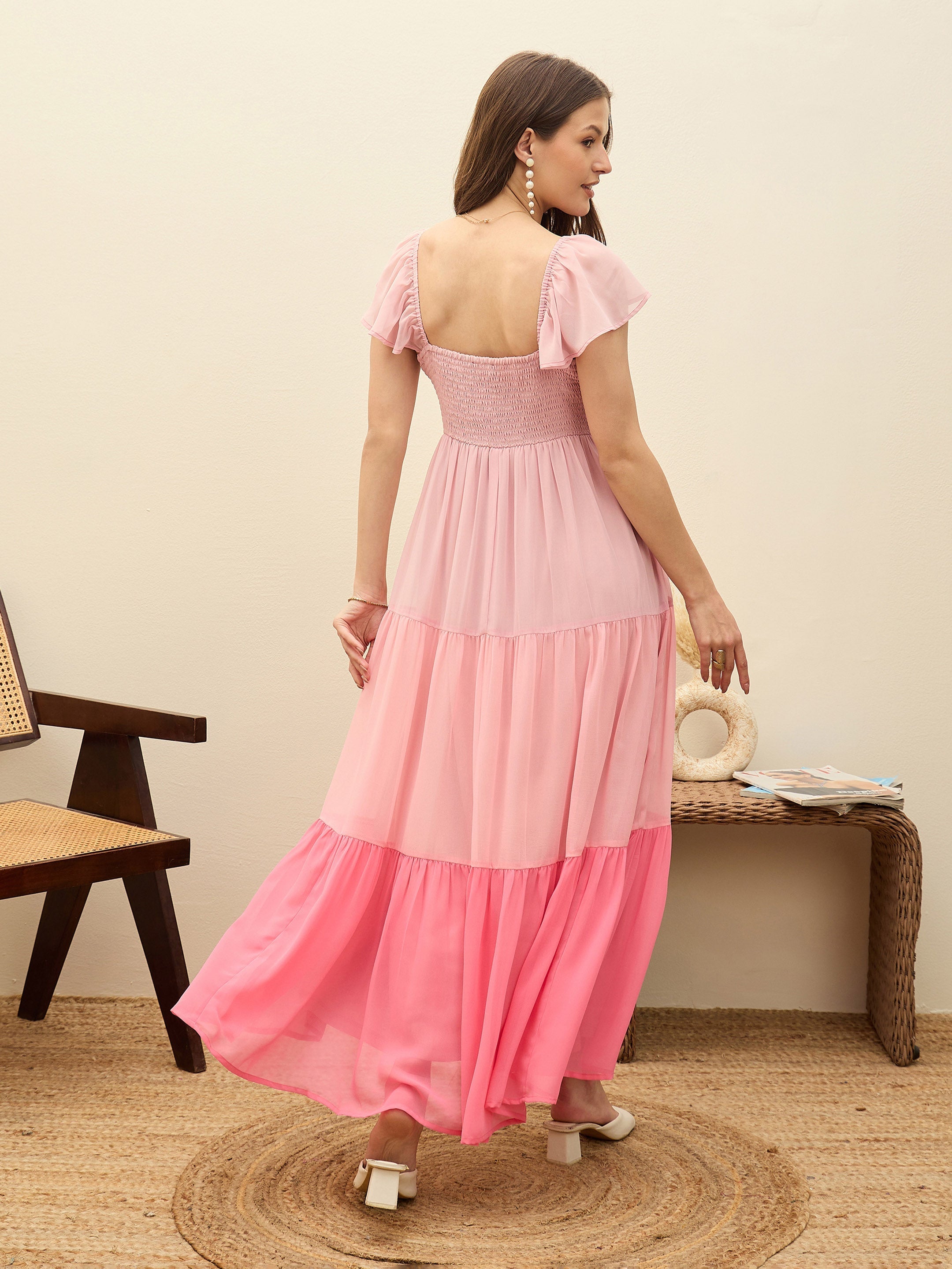 Women Pink Color Blocked Frill Sleeves Tiered Maxi Dress-SFDRSS13192