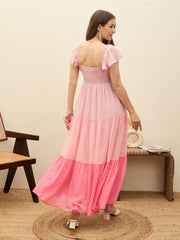 Women Pink Color Blocked Frill Sleeves Tiered Maxi Dress-SFDRSS13192