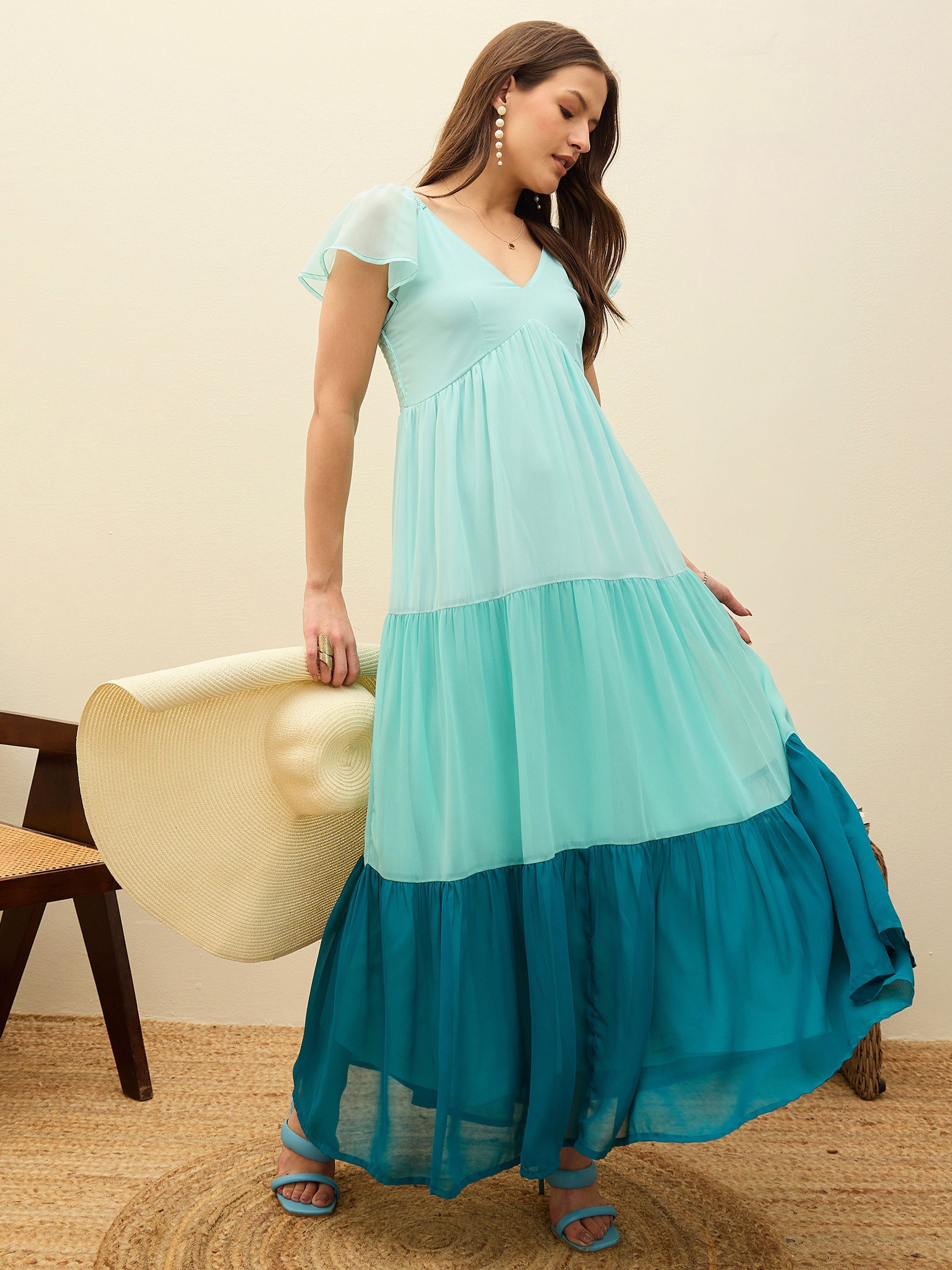 Women Blue Color Blocked Frill Sleeves Tiered Maxi Dress-SFDRSS13193