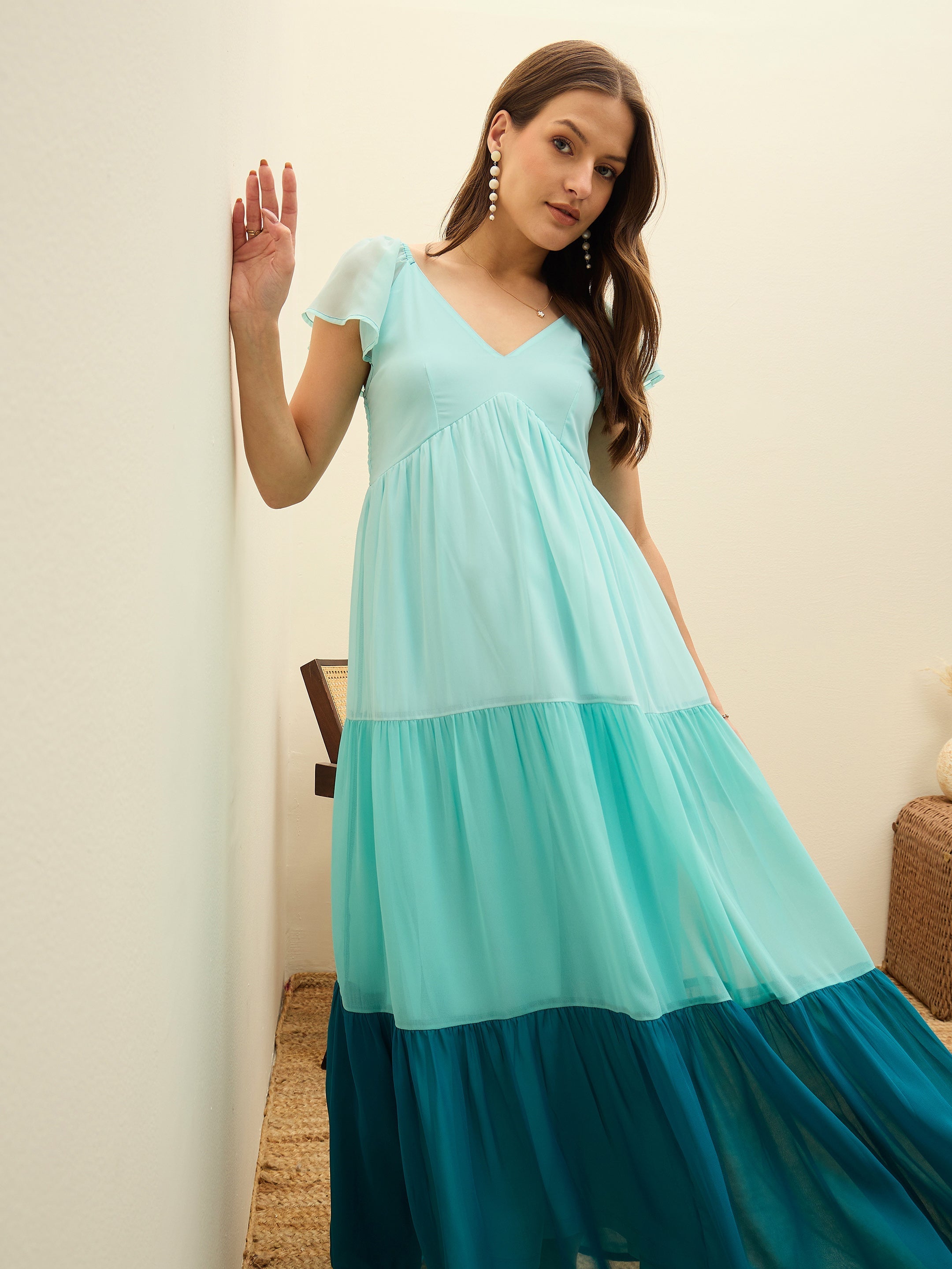 Women Blue Color Blocked Frill Sleeves Tiered Maxi Dress-SFDRSS13193