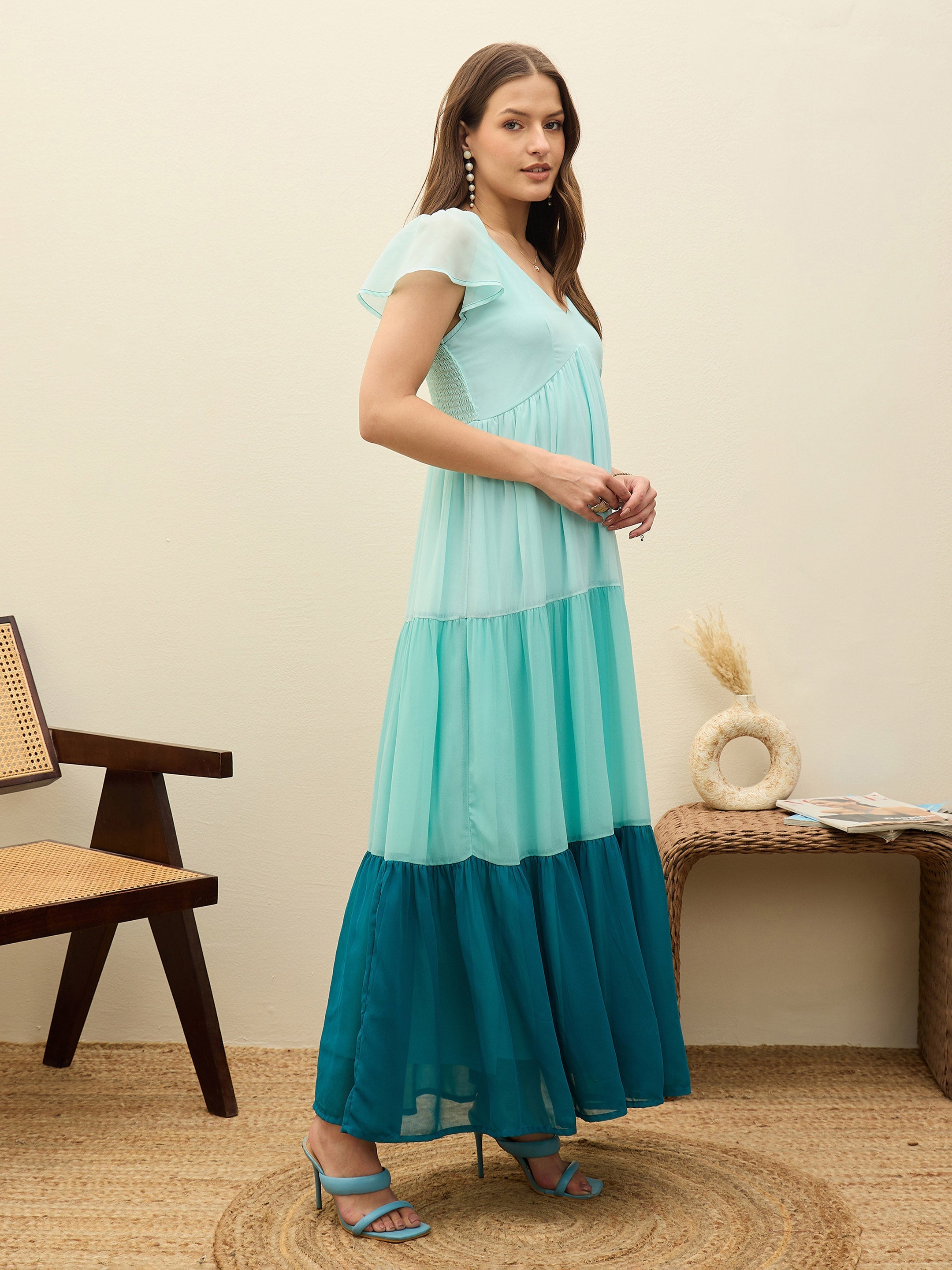 Women Blue Color Blocked Frill Sleeves Tiered Maxi Dress-SFDRSS13193
