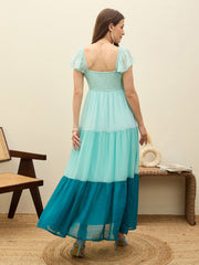 Women Blue Color Blocked Frill Sleeves Tiered Maxi Dress-SFDRSS13193