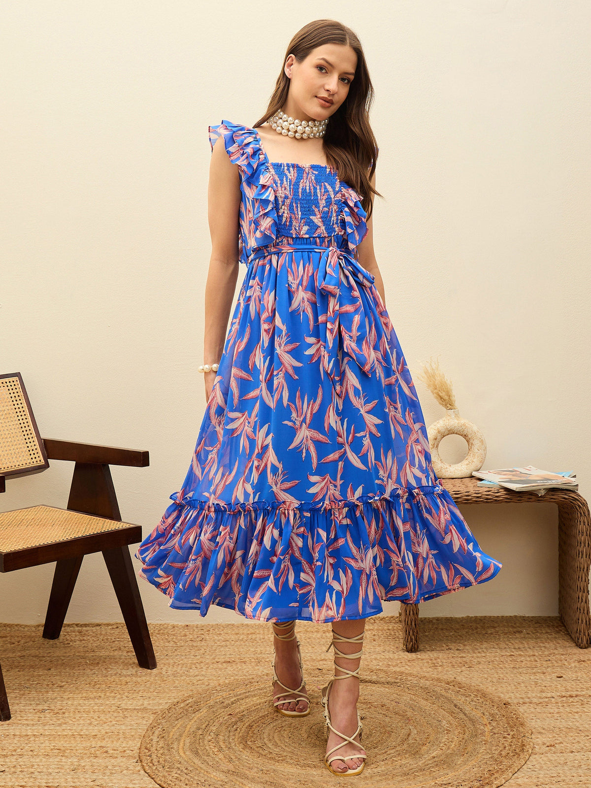 Women Blue Floral Smocked Frill Midi Dress-SFDRSS13194