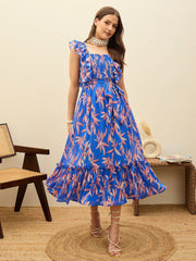 Women Blue Floral Smocked Frill Midi Dress-SFDRSS13194