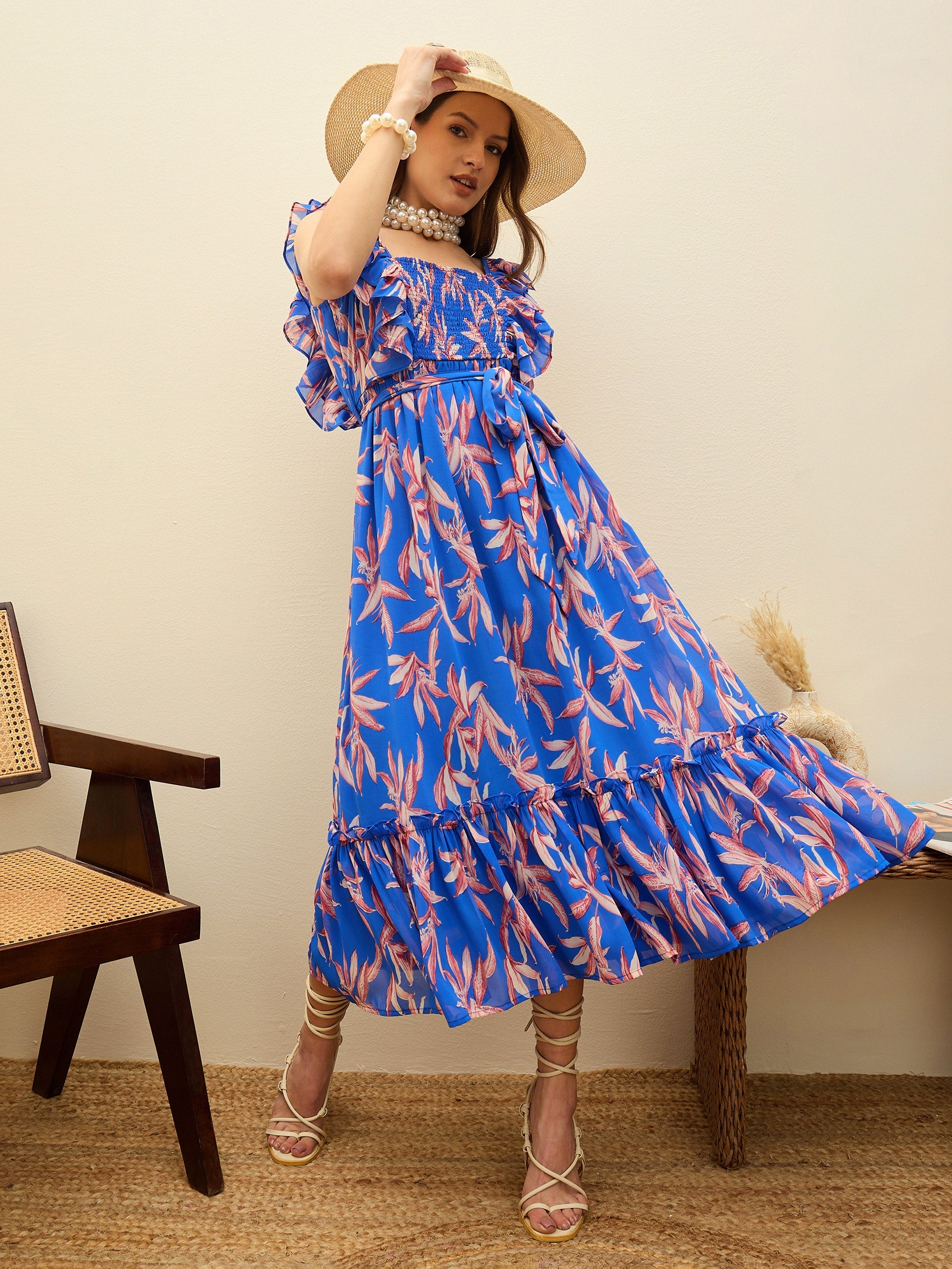Women Blue Floral Smocked Frill Midi Dress-SFDRSS13194