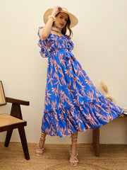 Women Blue Floral Smocked Frill Midi Dress-SFDRSS13194
