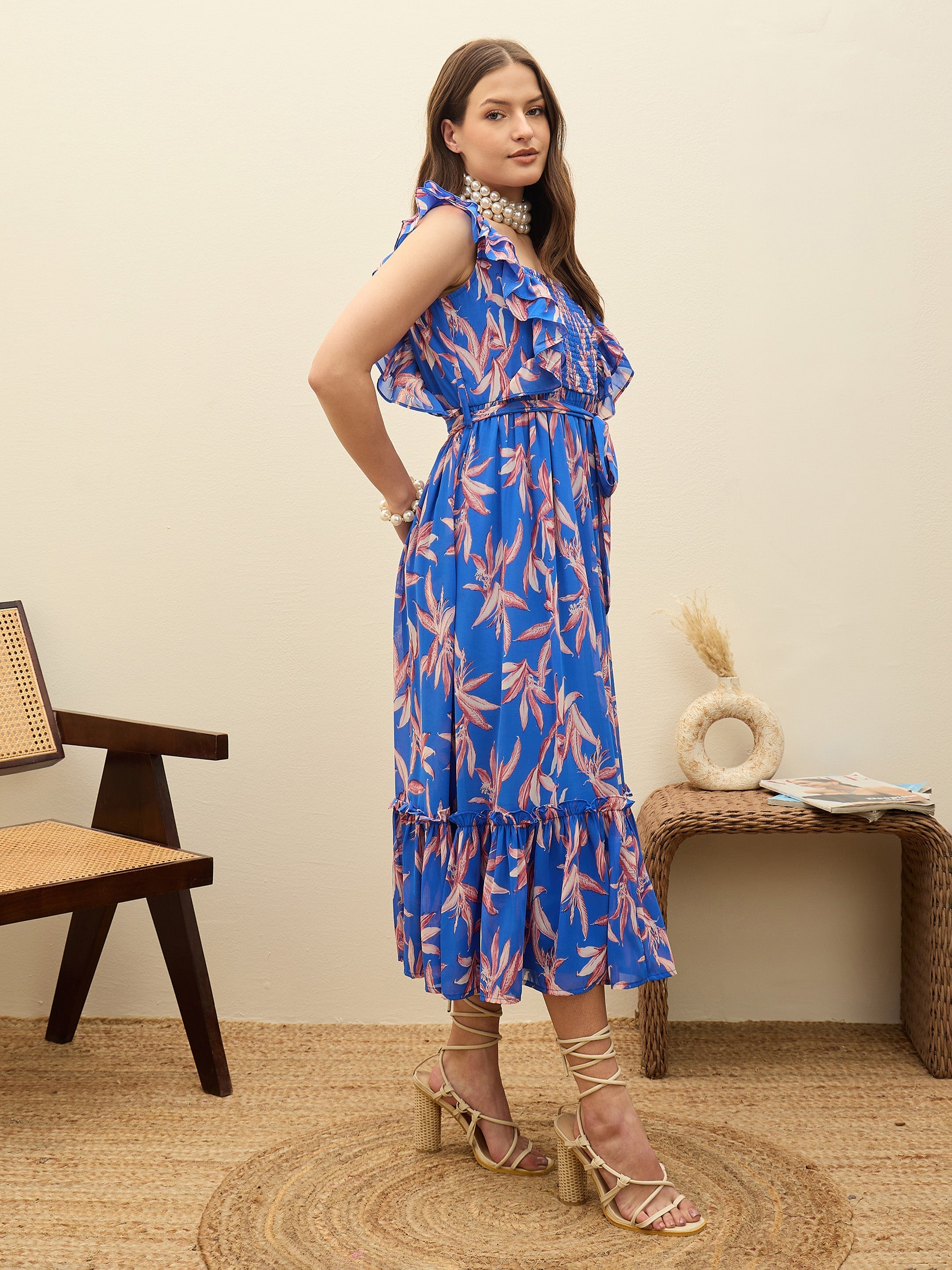 Women Blue Floral Smocked Frill Midi Dress-SFDRSS13194