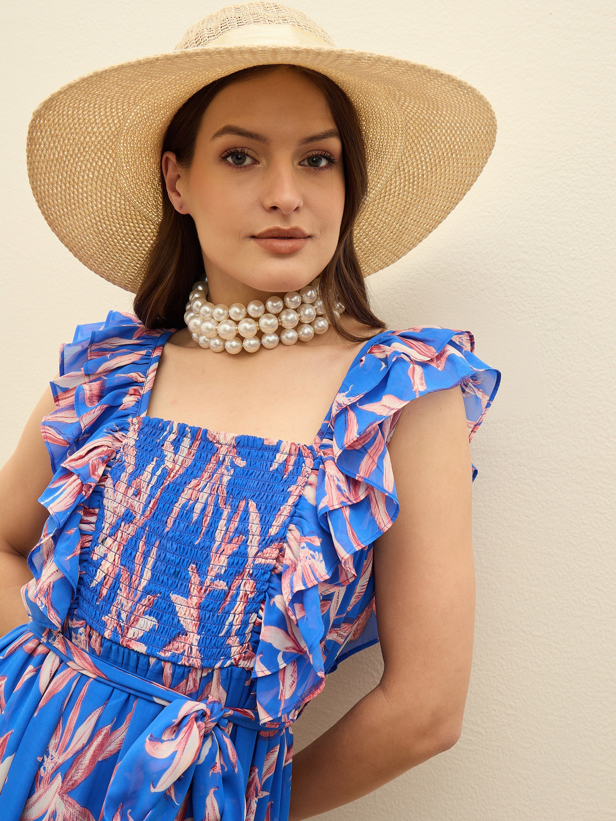 Women Blue Floral Smocked Frill Midi Dress-SFDRSS13194