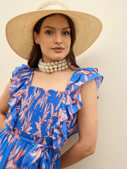 Women Blue Floral Smocked Frill Midi Dress-SFDRSS13194