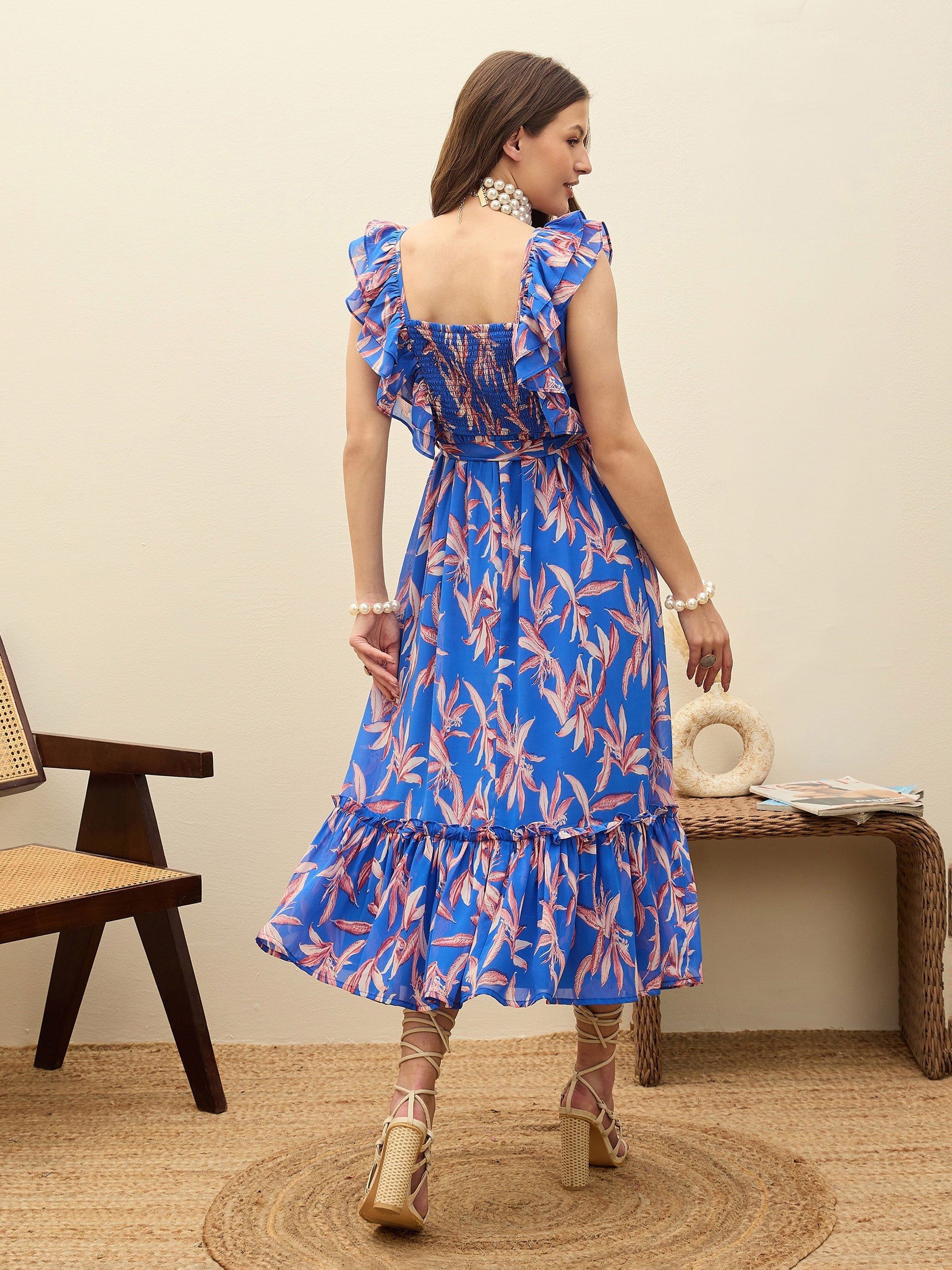Women Blue Floral Smocked Frill Midi Dress-SFDRSS13194
