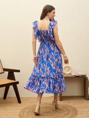 Women Blue Floral Smocked Frill Midi Dress-SFDRSS13194
