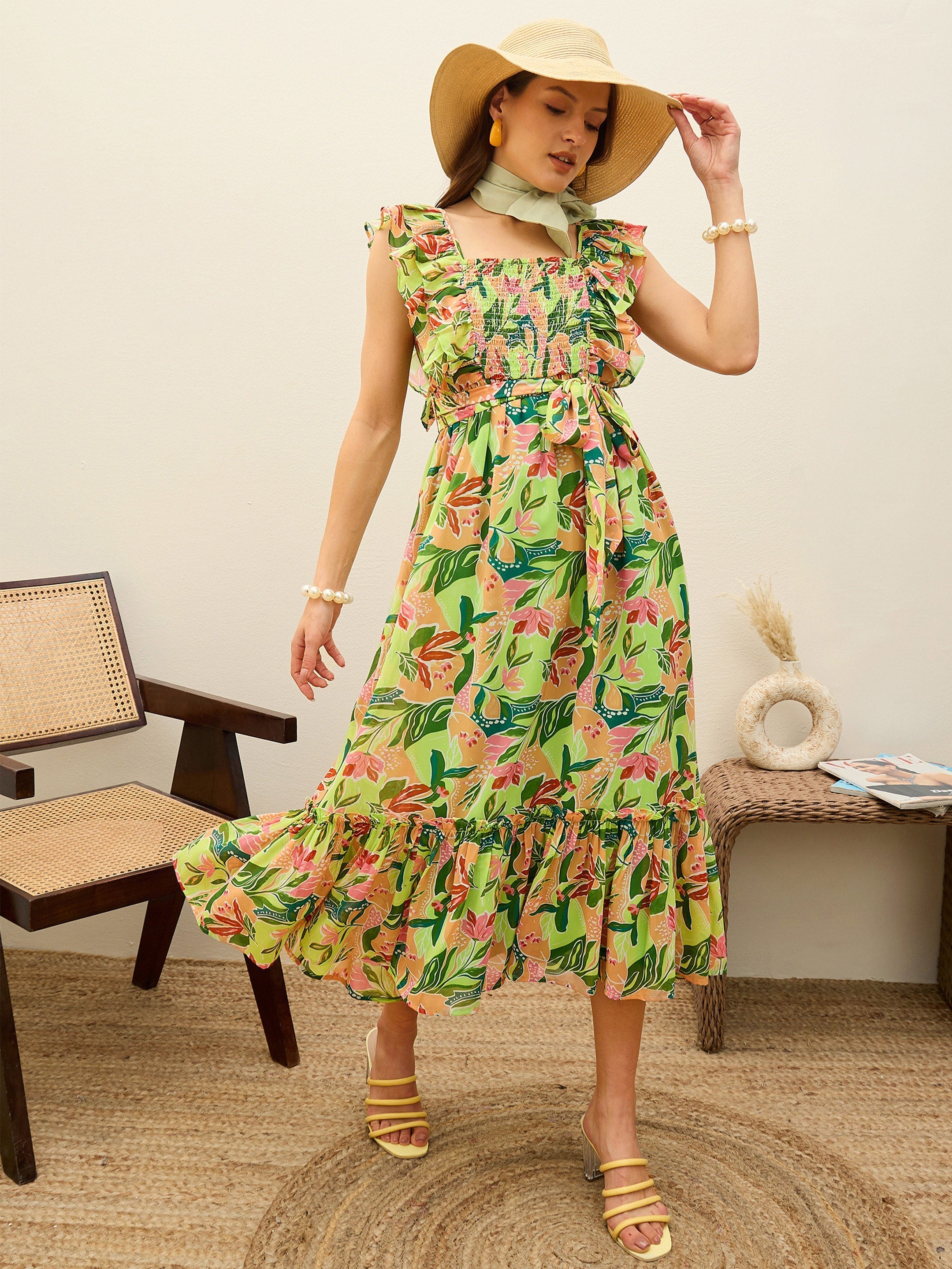 Women Green Floral Smocked Frill Midi Dress-SFDRSS13195