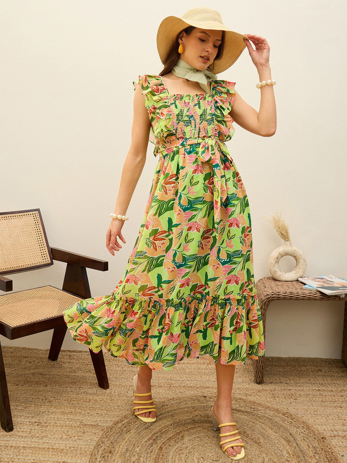 Women Green Floral Smocked Frill Midi Dress-SFDRSS13195