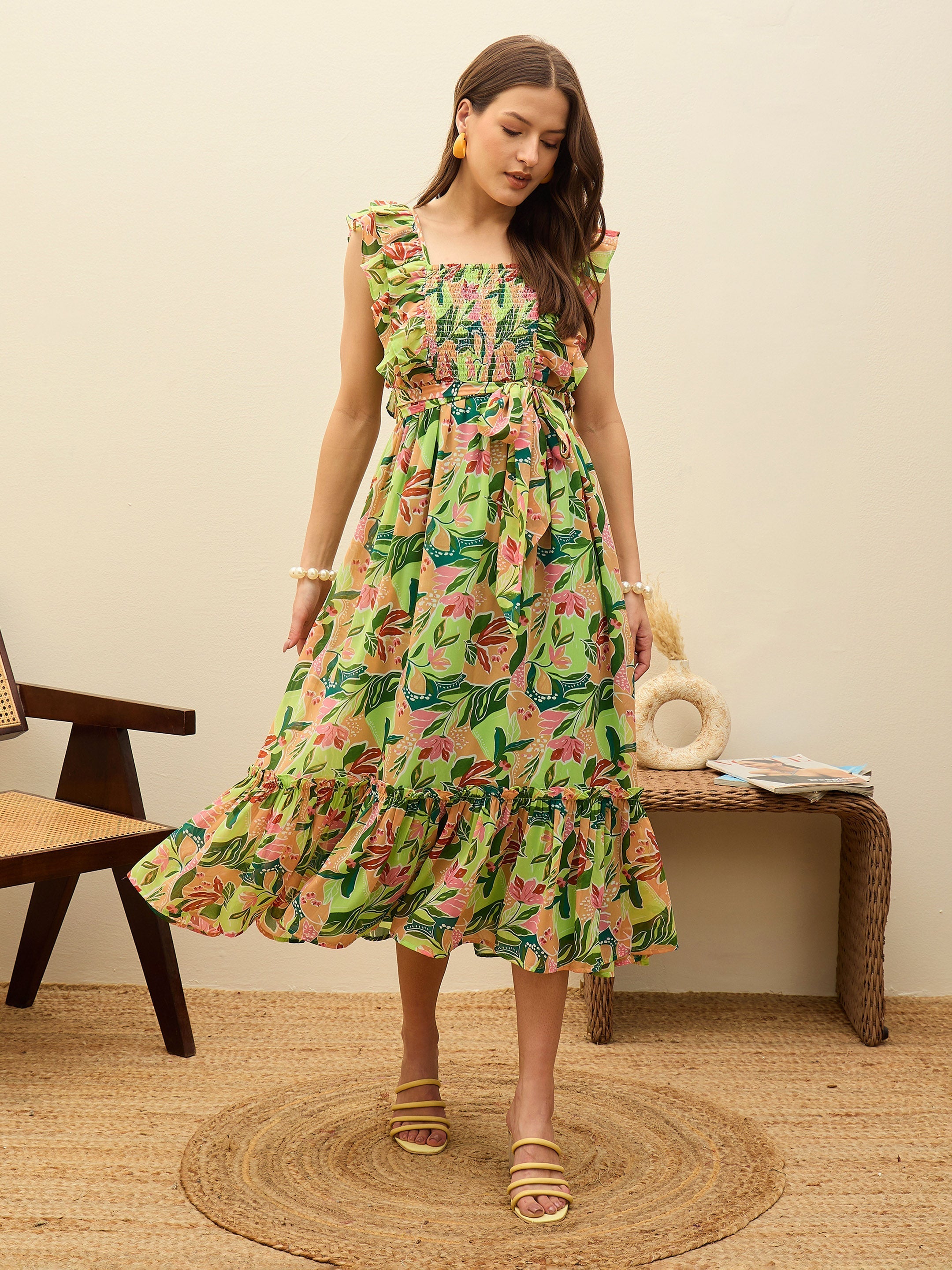 Women Green Floral Smocked Frill Midi Dress-SFDRSS13195