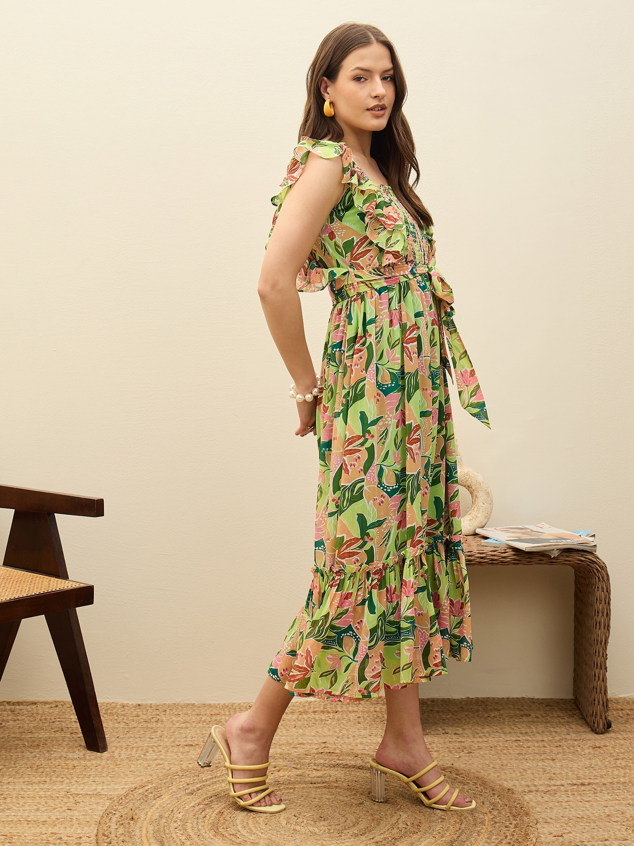 Women Green Floral Smocked Frill Midi Dress-SFDRSS13195