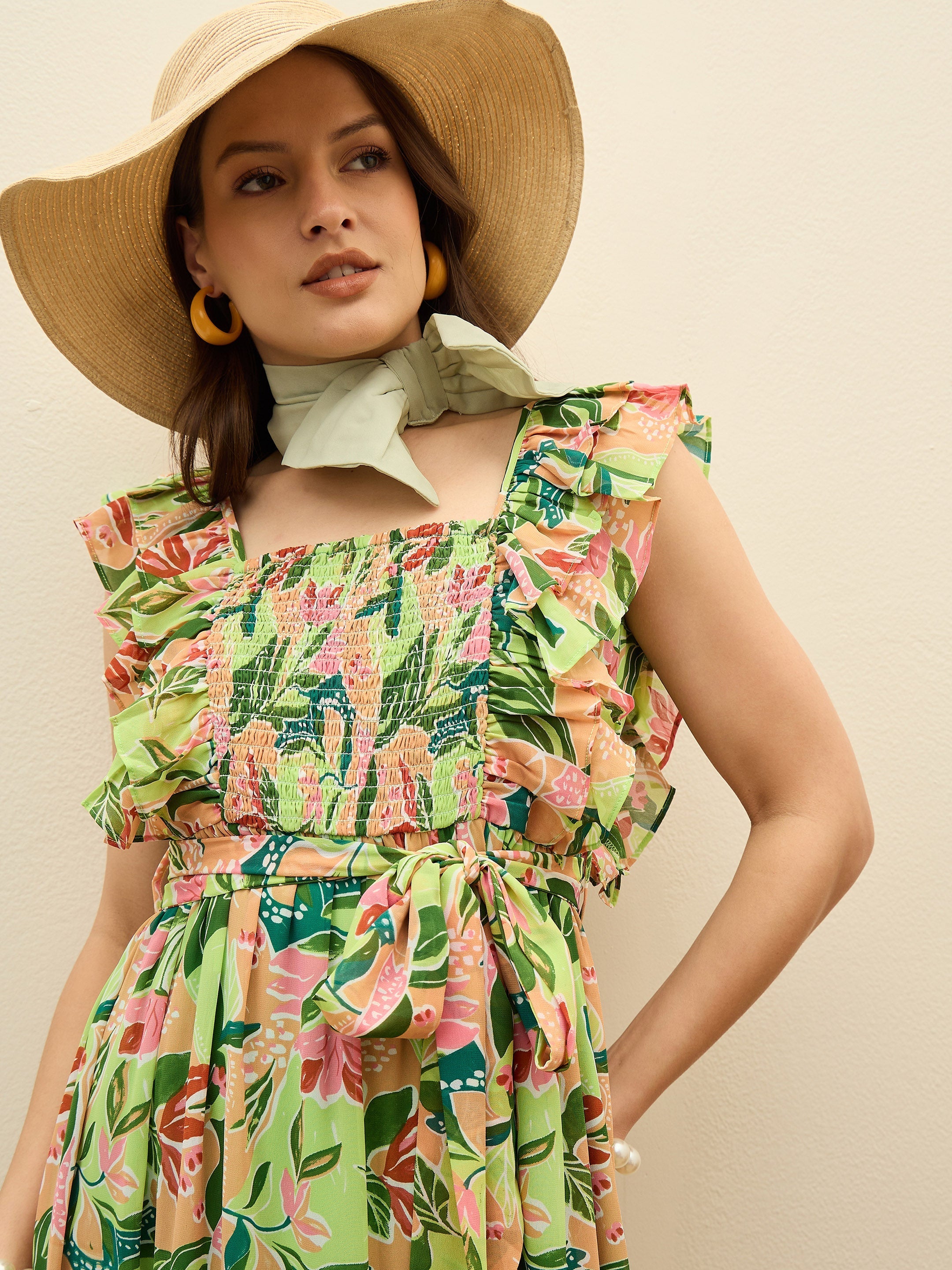 Women Green Floral Smocked Frill Midi Dress-SFDRSS13195