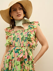 Women Green Floral Smocked Frill Midi Dress-SFDRSS13195