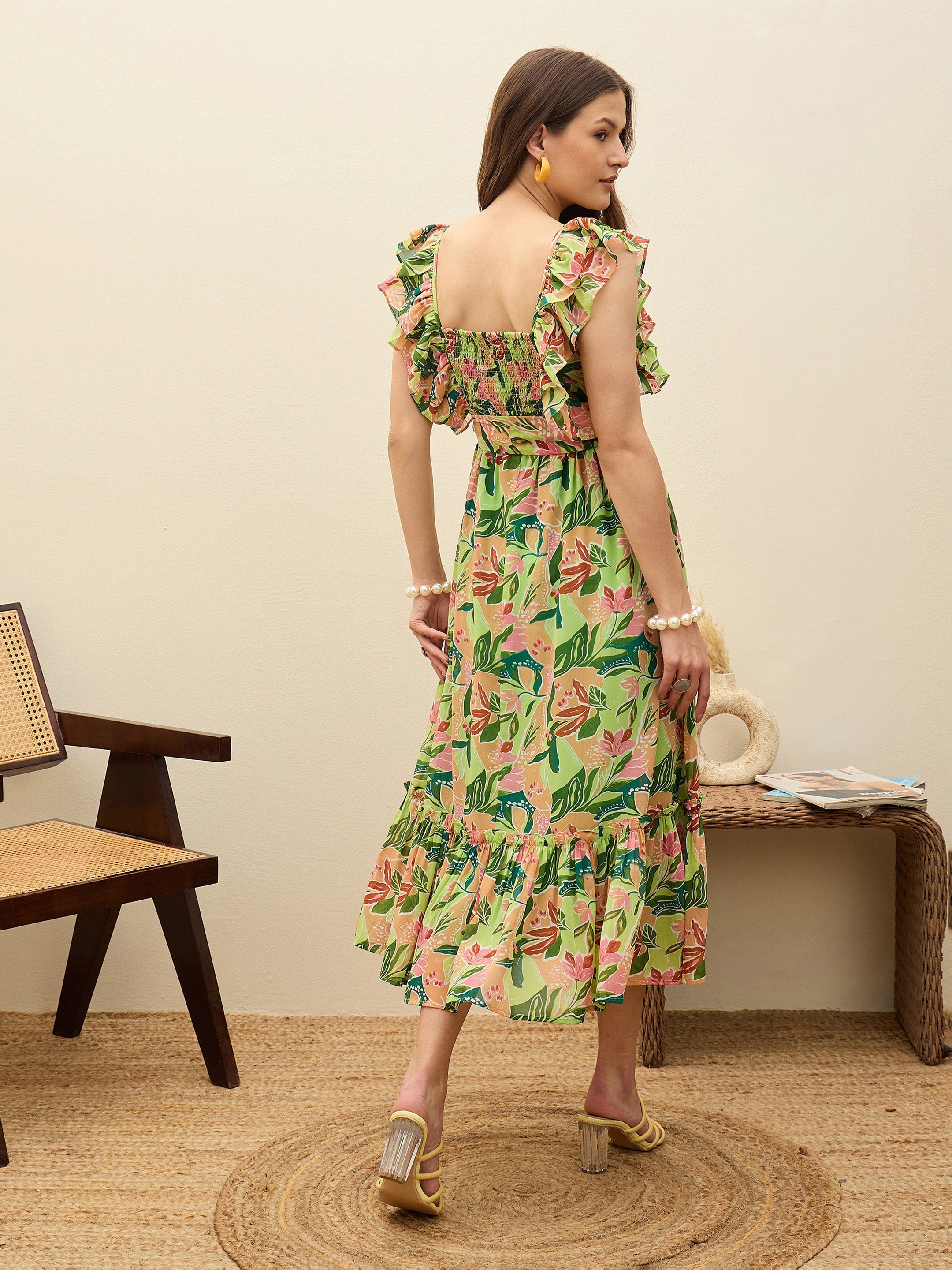 Women Green Floral Smocked Frill Midi Dress-SFDRSS13195