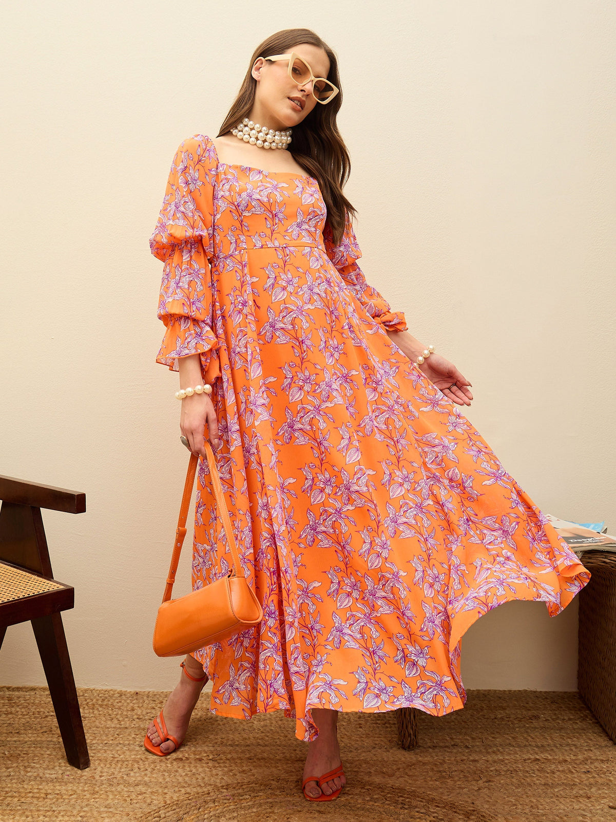Women Orange Floral Square Neck Maxi Dress-SFDRSS13196