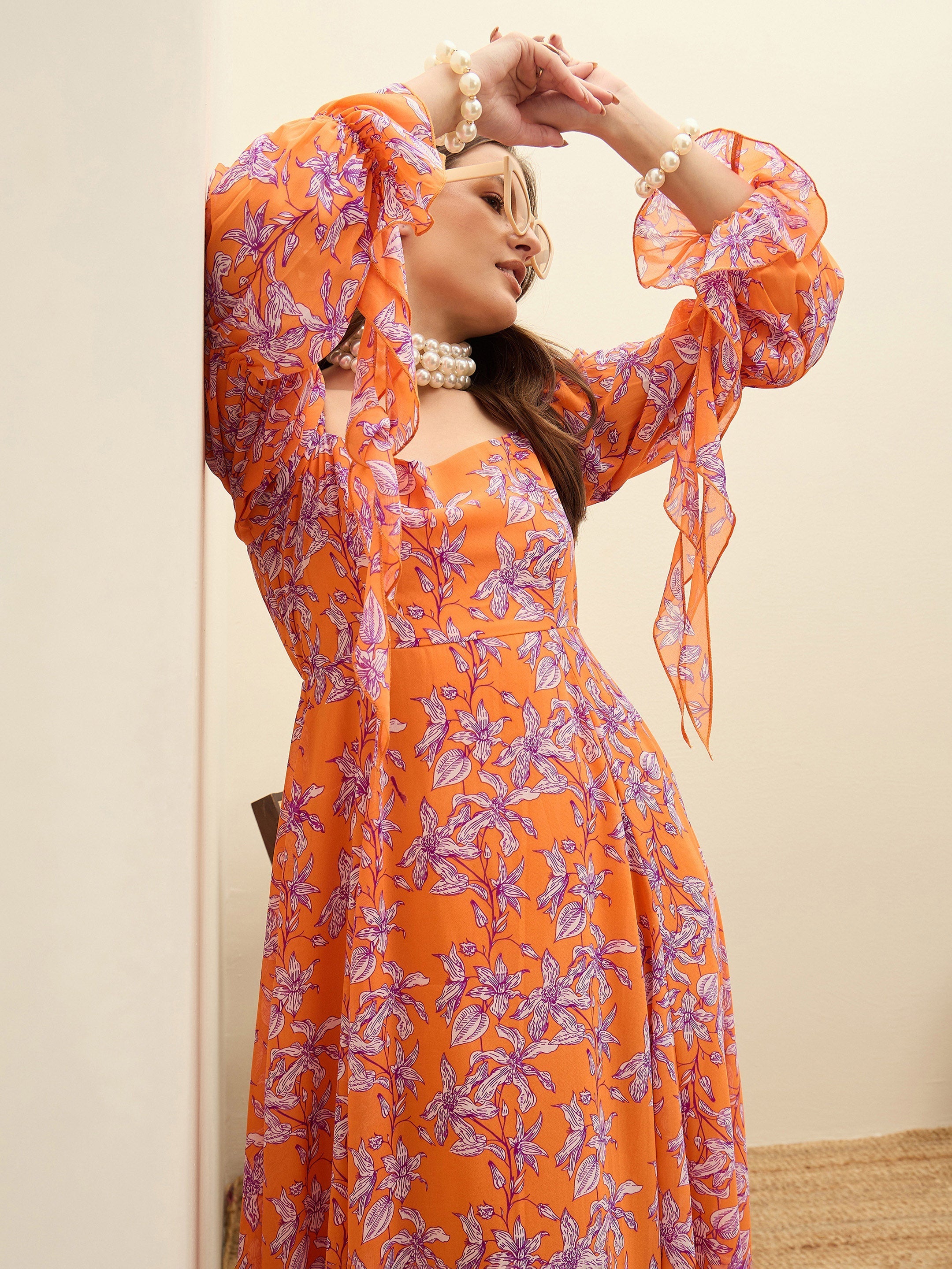 Women Orange Floral Square Neck Maxi Dress-SFDRSS13196