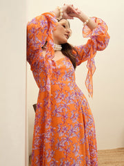 Women Orange Floral Square Neck Maxi Dress-SFDRSS13196