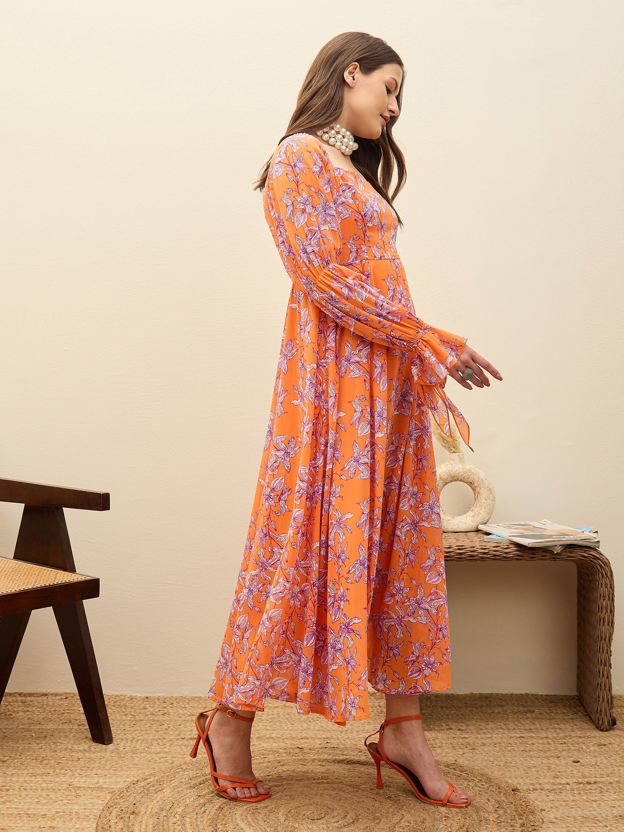 Women Orange Floral Square Neck Maxi Dress-SFDRSS13196