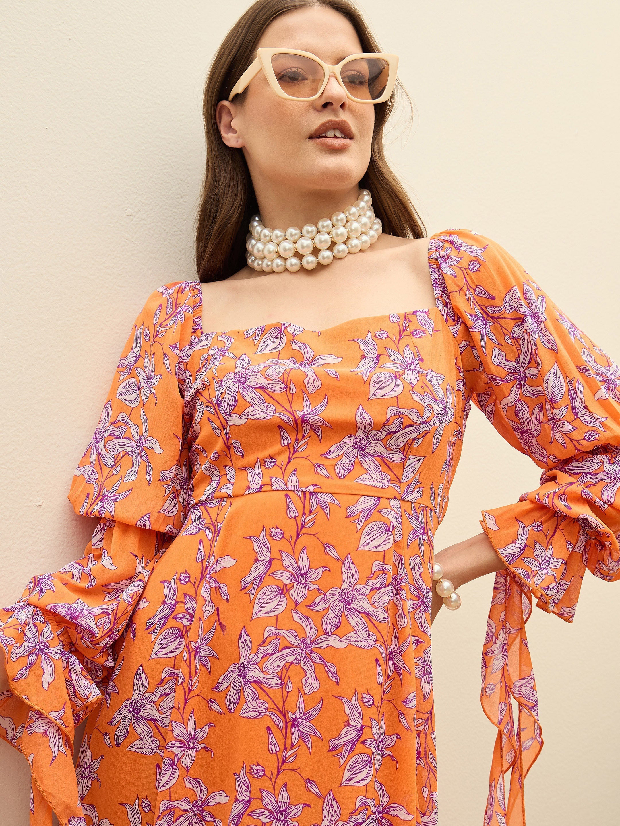 Women Orange Floral Square Neck Maxi Dress-SFDRSS13196