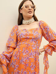 Women Orange Floral Square Neck Maxi Dress-SFDRSS13196