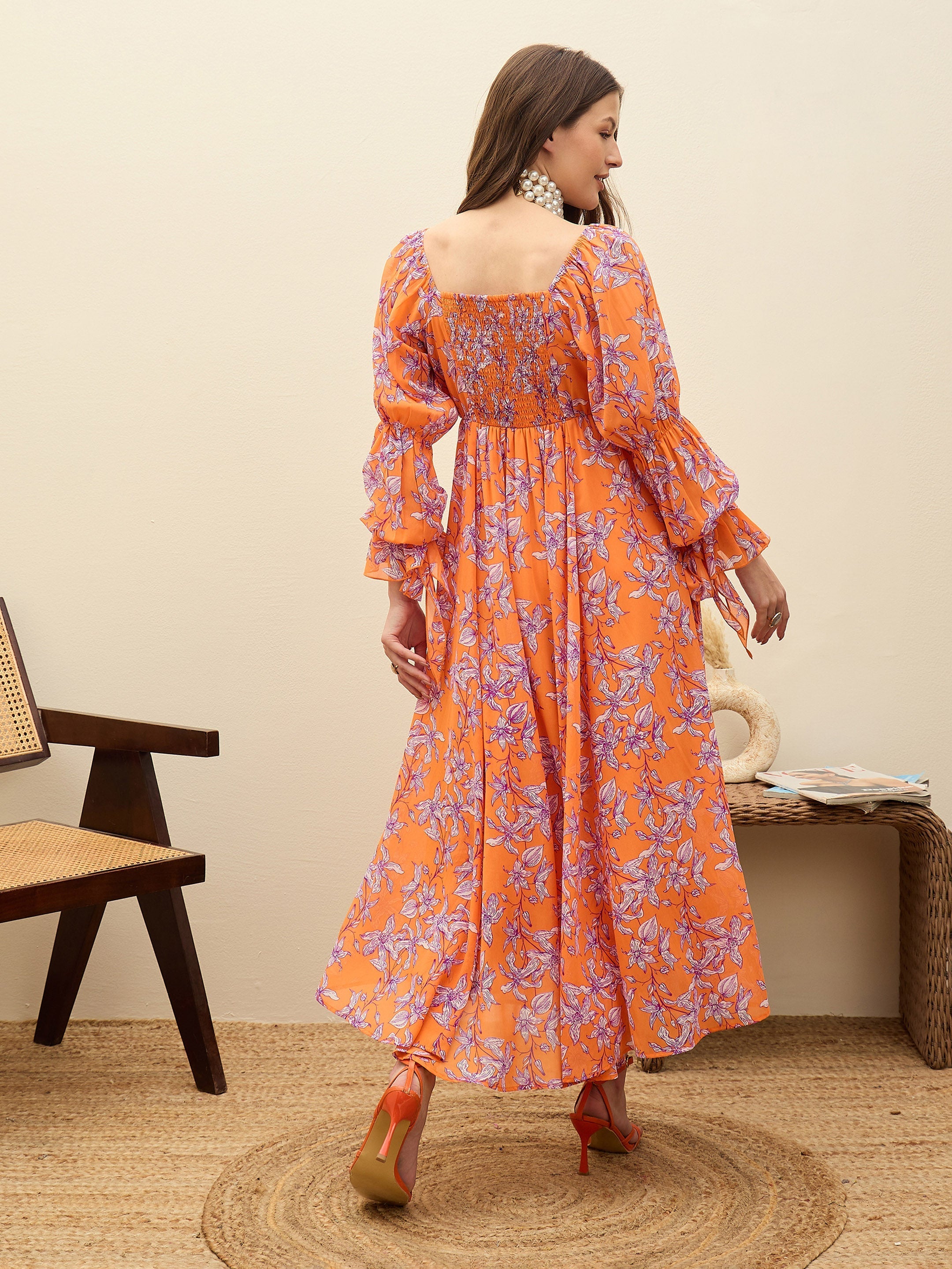 Women Orange Floral Square Neck Maxi Dress-SFDRSS13196