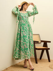 Women Green Floral Square Neck Maxi Dress-SFDRSS13197