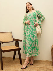 Women Green Floral Square Neck Maxi Dress-SFDRSS13197