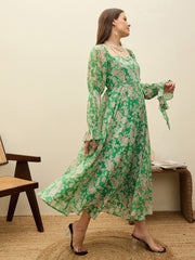 Women Green Floral Square Neck Maxi Dress-SFDRSS13197