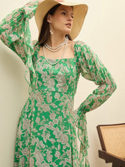 Women Green Floral Square Neck Maxi Dress-SFDRSS13197
