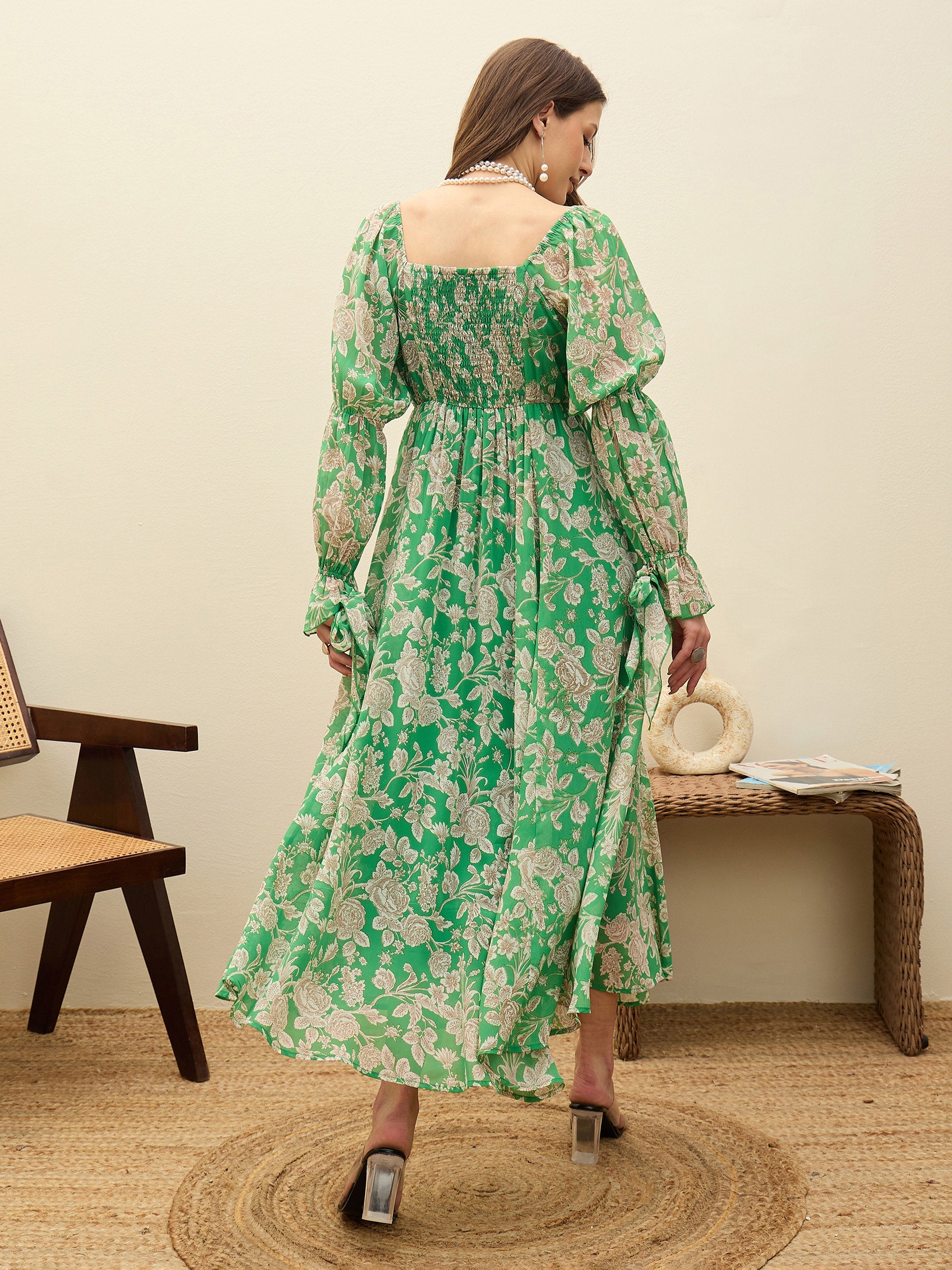 Women Green Floral Square Neck Maxi Dress-SFDRSS13197