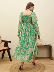 Women Green Floral Square Neck Maxi Dress-SFDRSS13197