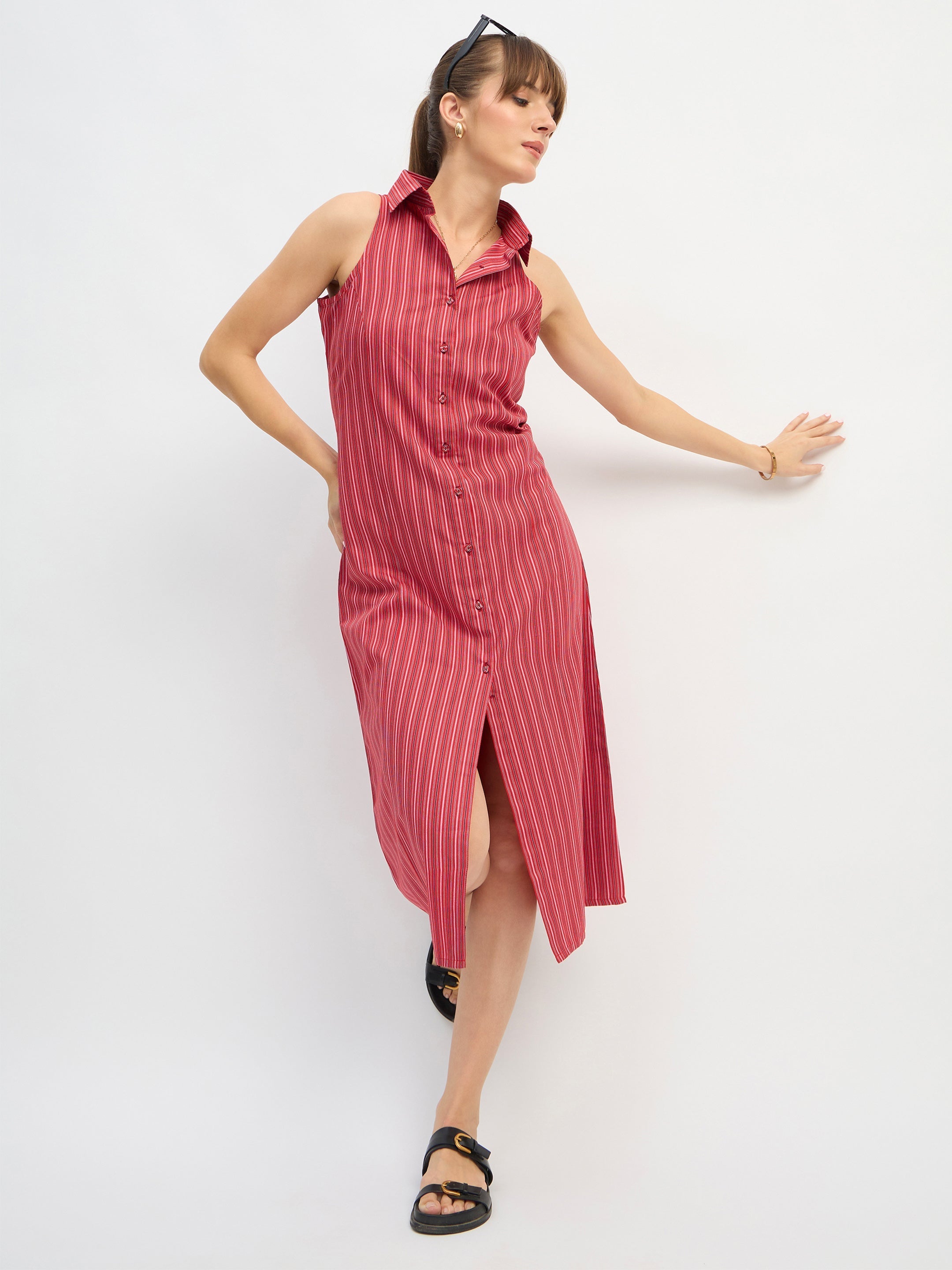 Women Red Penny Stripes Sleeveless Midi Dress-SFDRSS13201