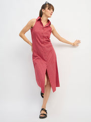 Women Red Penny Stripes Sleeveless Midi Dress-SFDRSS13201