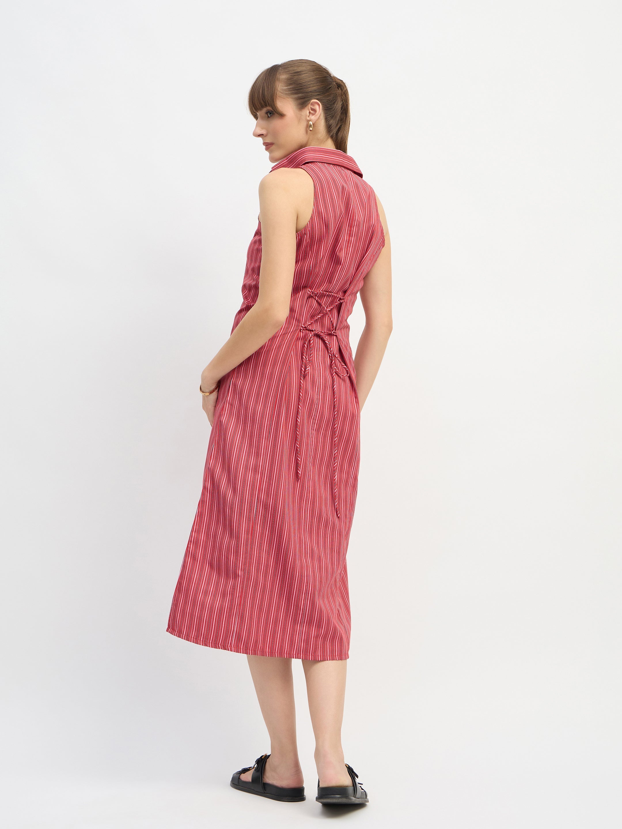 Women Red Penny Stripes Sleeveless Midi Dress-SFDRSS13201