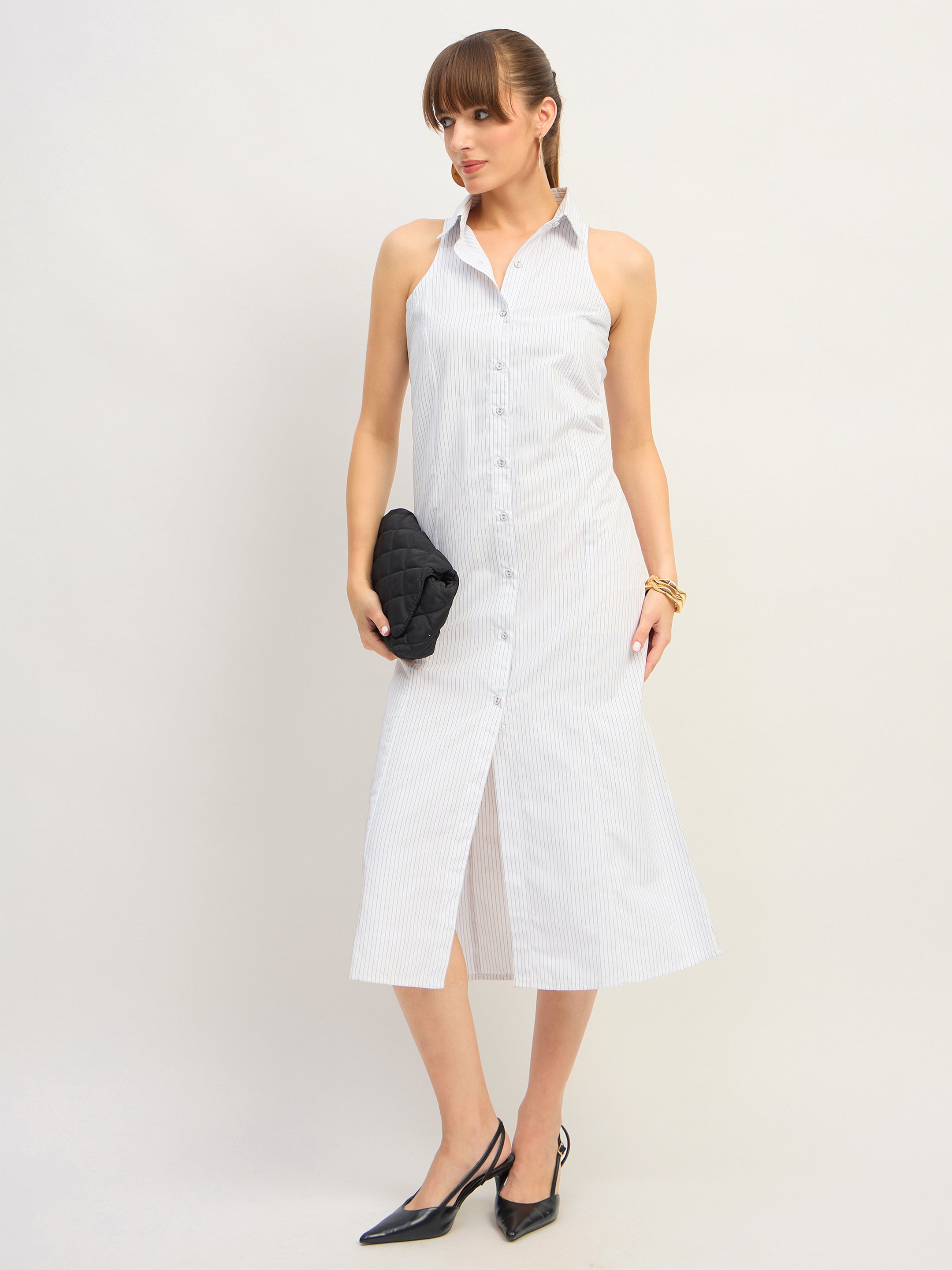 Women White & Blue Stripes Sleeveless Midi Dress-SFDRSS13202