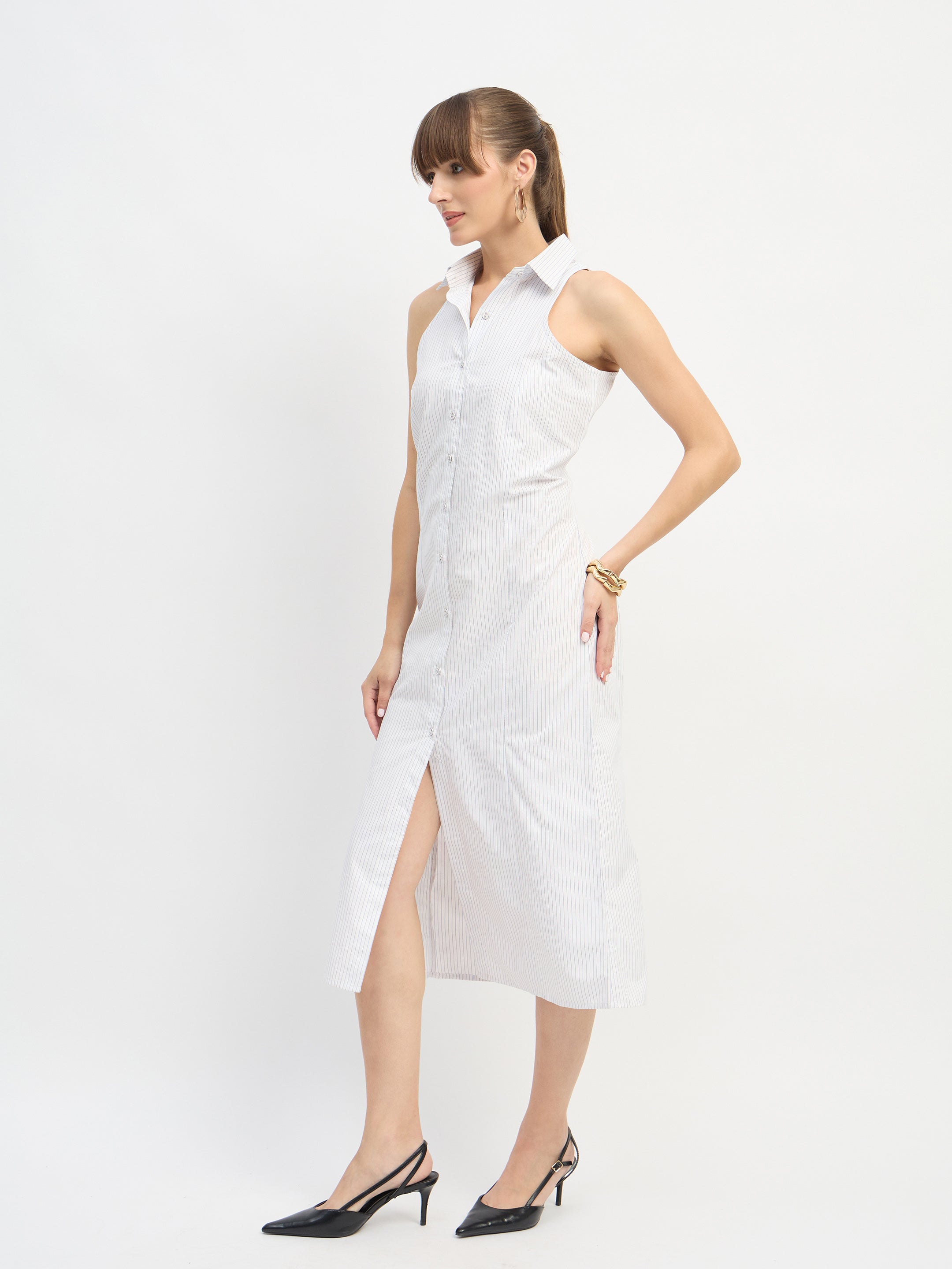 Women White & Blue Stripes Sleeveless Midi Dress-SFDRSS13202