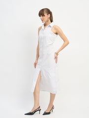 Women White & Blue Stripes Sleeveless Midi Dress-SFDRSS13202
