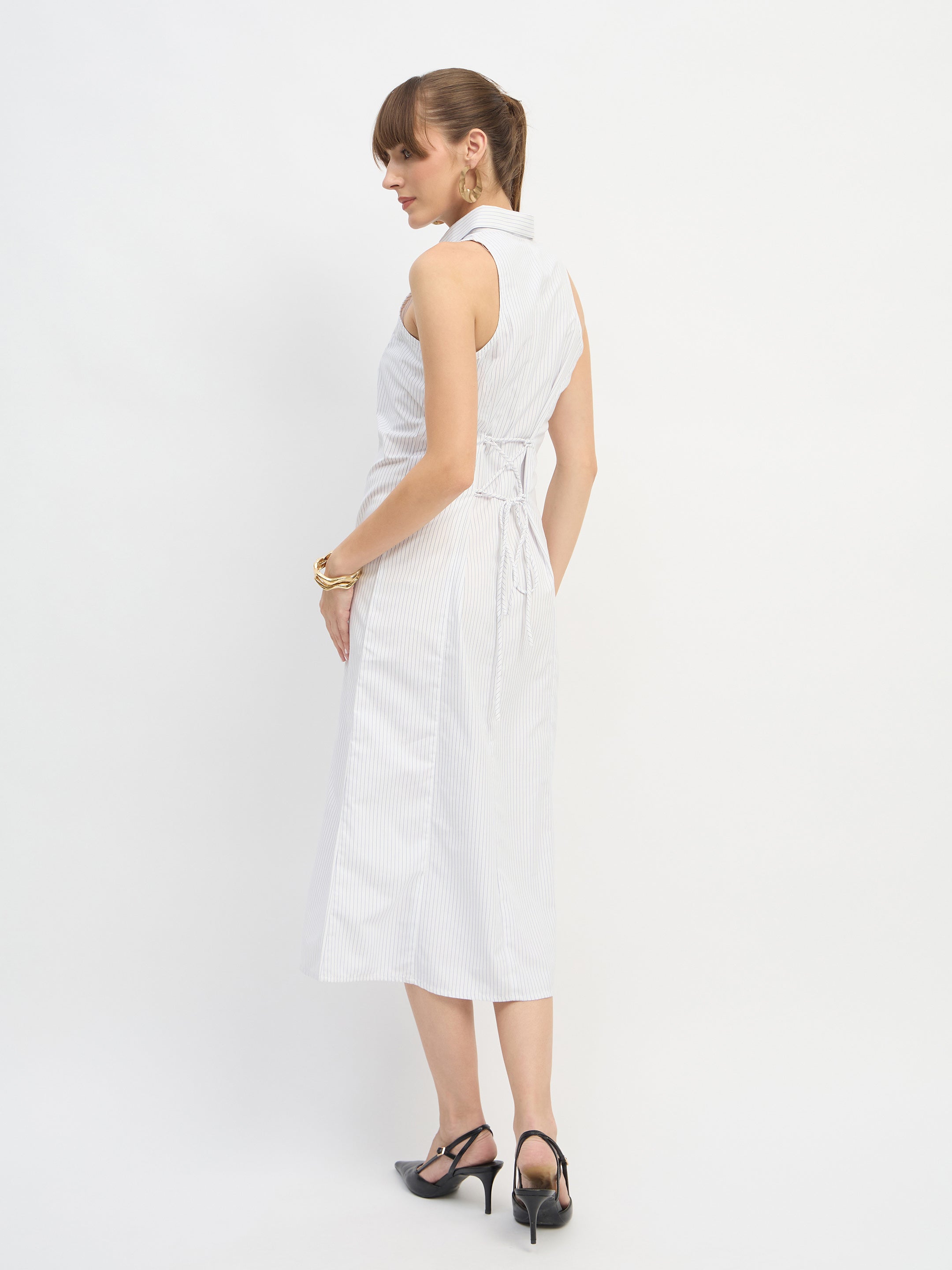 Women White & Blue Stripes Sleeveless Midi Dress-SFDRSS13202
