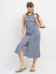 Women Navy Blue Penny Stripes Sleeveless Midi Dress-SFDRSS13203